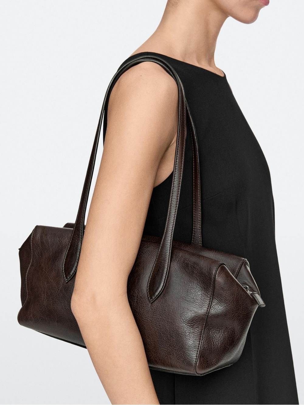 Massimo Dutti Dark Satchel Brown cracked Nappa Leather Shoulder Tote